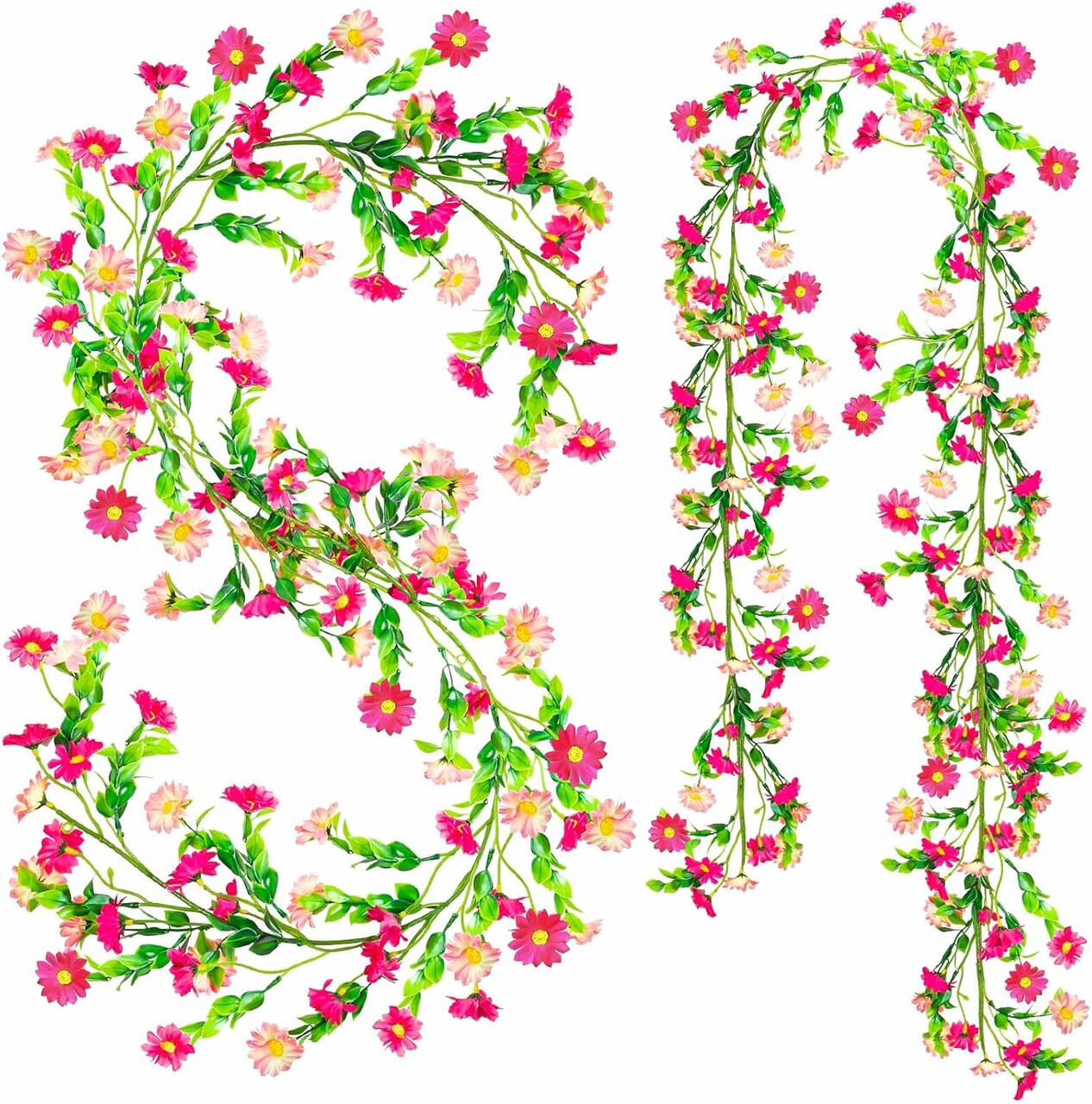 2 Pack Spring Flower Garland, 13.6 Ft Silky Artificial Pink Garland with Pink Daisy and Vine, Floral Garlands Decoration for Room Wall, Flower Themed Party, Wedding Supplies